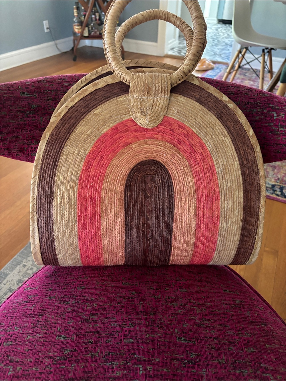 Woven Straw Rainbow Tote Bag in Natural, Brown & Coral - Picture 1 of 4
